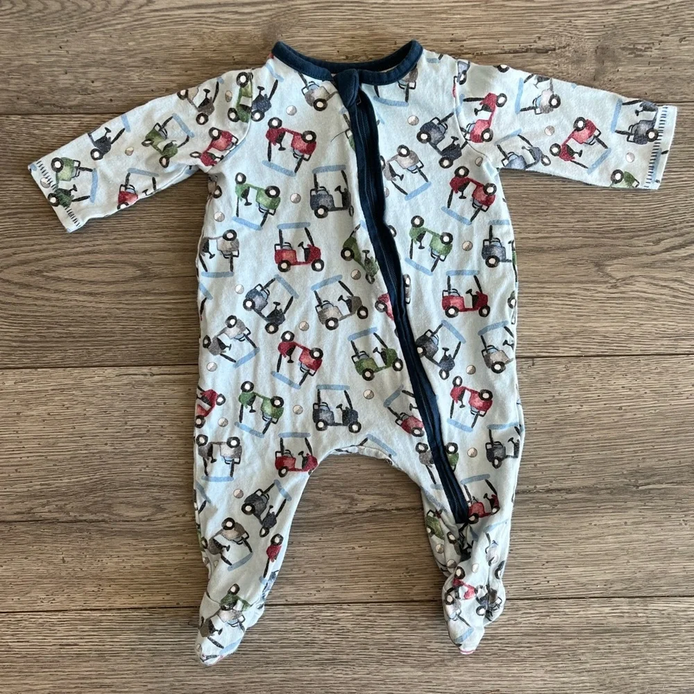 Mudpie Baby Boy One Way Zipper Footed Pajama Blue Green Golf Print Cotton 0-3 M